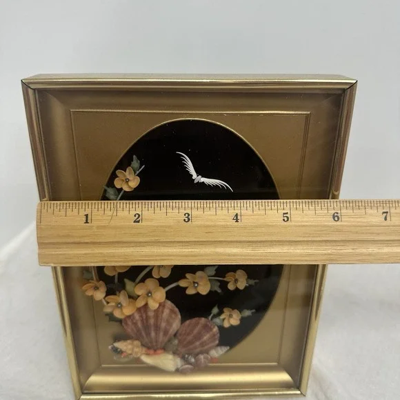 Vintage‎ Shell Art Floral Bird Black Velvet Gold Frame Cherry blossoms Beach 8" - Picture 12 of 13